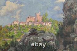 Old oil on canvas castle in the mountain Clermont-Ferrand CREUSE CROZANT