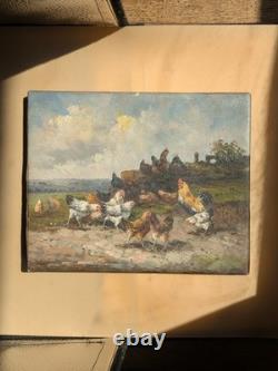 Old oil on canvas, farmyard scene with hens and rooster, countryside painting