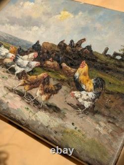 Old oil on canvas, farmyard scene with hens and rooster, countryside painting