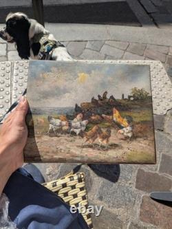 Old oil on canvas, farmyard scene with hens and rooster, countryside painting
