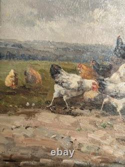 Old oil on canvas, farmyard scene with hens and rooster, countryside painting