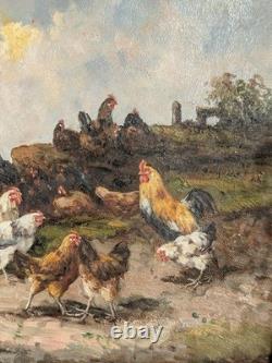 Old oil on canvas, farmyard scene with hens and rooster, countryside painting