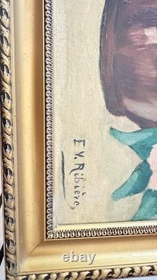 Old oil on canvas floral bouquet signed E. V. Ribière 44 × 37 cm