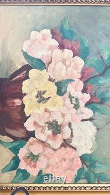 Old oil on canvas floral bouquet signed E. V. Ribière 44 × 37 cm
