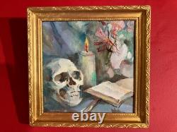 Old oil on canvas from the 20th century, Still life, vanity with a skull