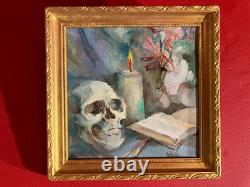 Old oil on canvas from the 20th century, Still life, vanity with a skull
