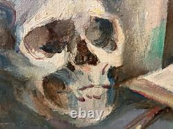 Old oil on canvas from the 20th century, Still life, vanity with a skull