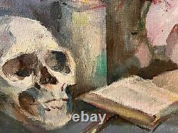 Old oil on canvas from the 20th century, Still life, vanity with skull