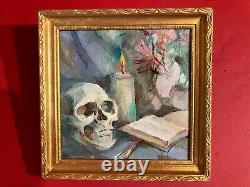 Old oil on canvas from the 20th century, Still life, vanity with skull