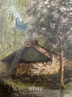 Old oil on canvas landscape of Cantal Molompize Château d'Aurouze Massiac