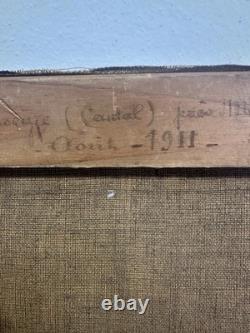 Old oil on canvas landscape of Cantal Molompize Château d'Aurouze Massiac