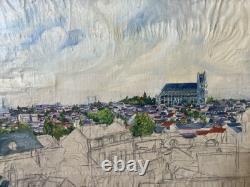 Old oil on canvas not mounted on stretcher Study View of Bourges circa 1930