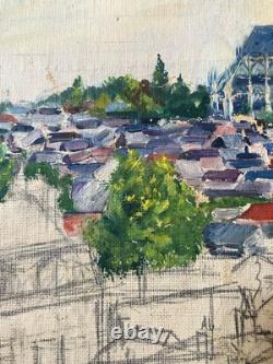 Old oil on canvas not mounted on stretcher Study View of Bourges circa 1930