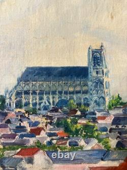 Old oil on canvas not mounted on stretcher Study View of Bourges circa 1930