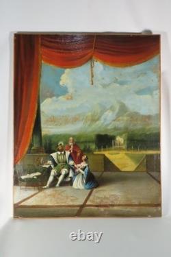 Old oil on canvas painting of Diane de Poitiers, François I, palace garden, 19th century