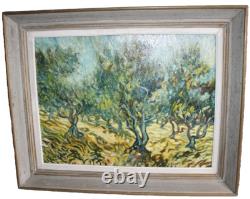 Old oil on canvas painting, signed, reproduction of Van Gogh's Olive Grove
