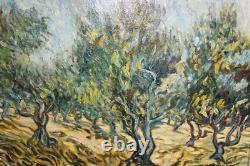 Old oil on canvas painting, signed, reproduction of Van Gogh's Olive Grove