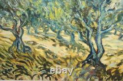 Old oil on canvas painting, signed, reproduction of Van Gogh's Olive Grove
