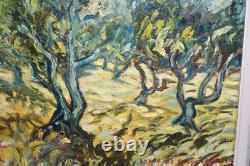 Old oil on canvas painting, signed, reproduction of Van Gogh's Olive Grove