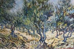 Old oil on canvas painting, signed, reproduction of Van Gogh's Olive Grove