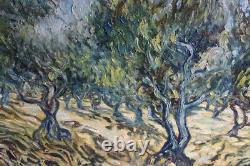 Old oil on canvas painting, signed, reproduction of Van Gogh's Olive Grove