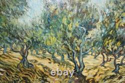 Old oil on canvas painting, signed, reproduction of Van Gogh's Olive Grove