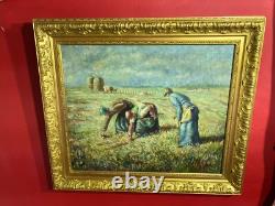 Old oil on canvas representing The Gleaners by Millet