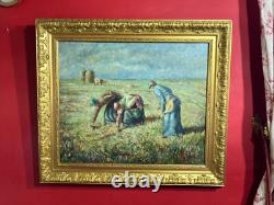 Old oil on canvas representing The Gleaners by Millet