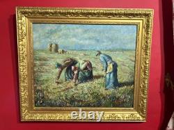 Old oil on canvas representing The Gleaners by Millet