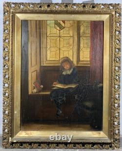 Old oil on canvas signed Child Student at Cambridge or Oxford Harvard