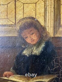 Old oil on canvas signed Child Student at Cambridge or Oxford Harvard