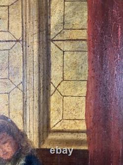 Old oil on canvas signed Child Student at Cambridge or Oxford Harvard