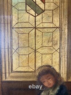 Old oil on canvas signed Child Student at Cambridge or Oxford Harvard