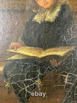 Old oil on canvas signed Child Student at Cambridge or Oxford Harvard