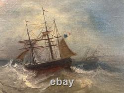 Old oil on canvas signed naval battle marine painter