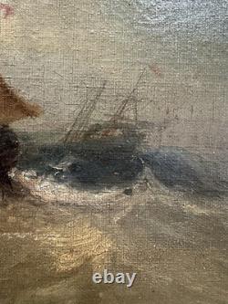 Old oil on canvas signed naval battle marine painter