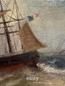 Old oil on canvas signed naval battle marine painter