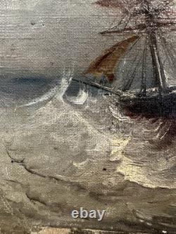 Old oil on canvas signed naval battle marine painter