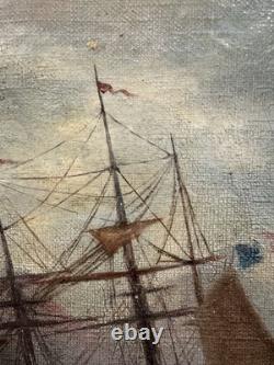 Old oil on canvas signed naval battle marine painter