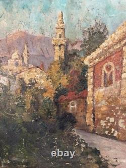 Old oil on panel, Orientalist view of a mosque in a landscape / to res