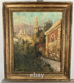 Old oil on panel, Orientalist view of a mosque in a landscape / to res