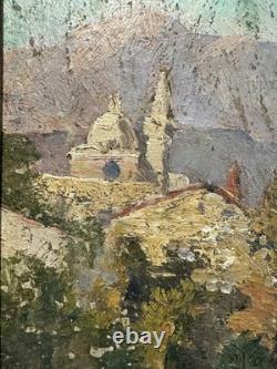 Old oil on panel, Orientalist view of a mosque in a landscape / to res