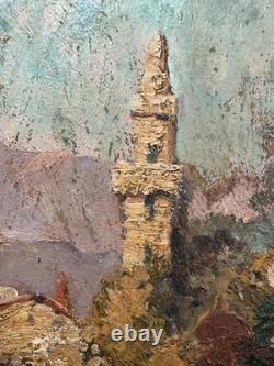 Old oil on panel, Orientalist view of a mosque in a landscape / to res