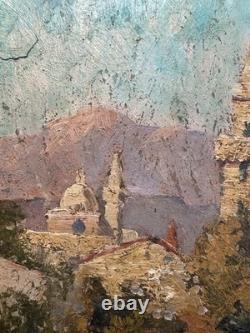 Old oil on panel, Orientalist view of a mosque in a landscape / to res
