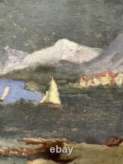 Old oil on panel. Presumed view of the Basque Country, Biarritz, France