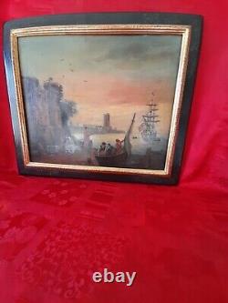 Old oil on panel after CLAUDE JOSEPH VERNET marine landscape port 19th century