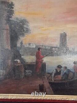 Old oil on panel after CLAUDE JOSEPH VERNET marine landscape port 19th century