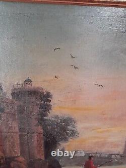 Old oil on panel after CLAUDE JOSEPH VERNET marine landscape port 19th century