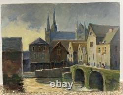 Old oil on panel from the early 20th century depicting the city of Chartres, Eure-et-Loir