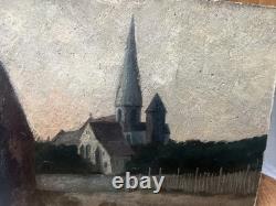 Old oil on panel landscape church 1915 signed